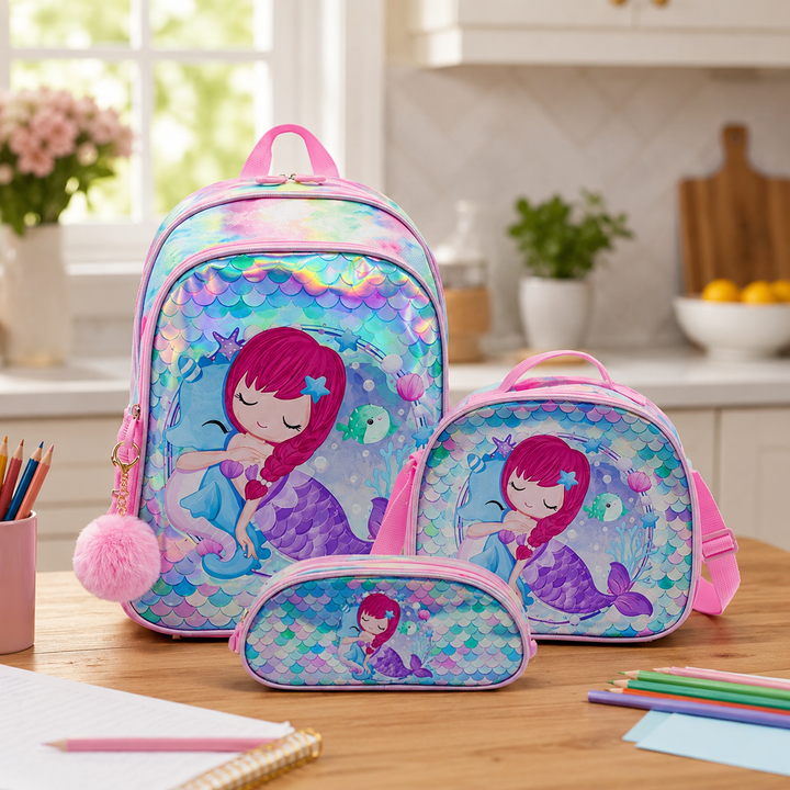 Unicorn Sequin 3-Piece School Backpack Set with Lunch Bag and Pencil Case for Girls