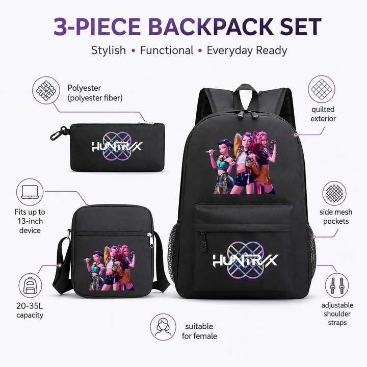 KPop Demon Hunters 3-Piece School Backpack Set with Crossbody Bag and Pencil Case