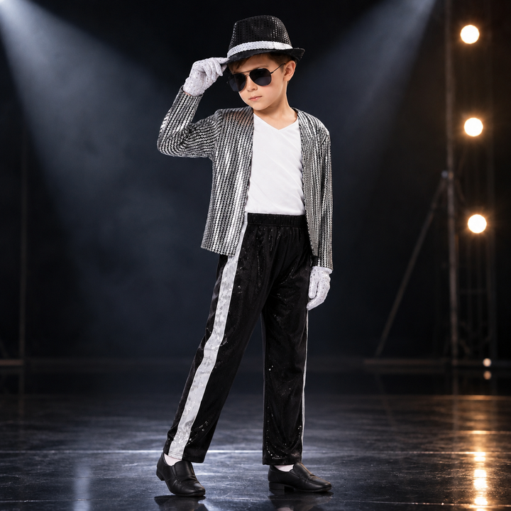 Kids Pop Star Costume Silver Sequin Stage Outfit Halloween