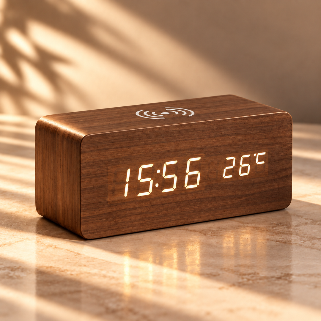 Wooden Digital Alarm Clock LED Wireless Charger Thermometer