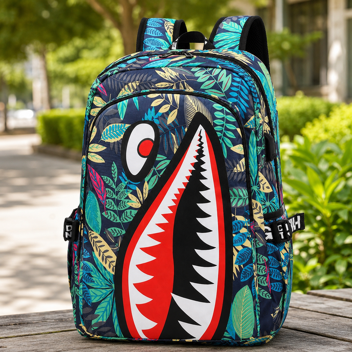 Kids School Backpack USB Interface Shark Print Large Capacity Lightweight