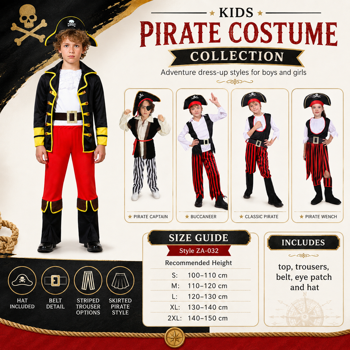 Kids Pirate Captain Costume with Hat Halloween Boys Girls