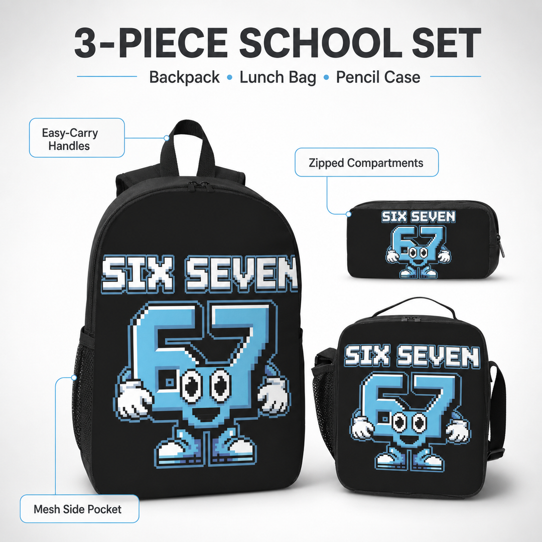 Six Seven 67 Unisex 3-Piece School Backpack Set with Lunch Box &amp; Pencil Case