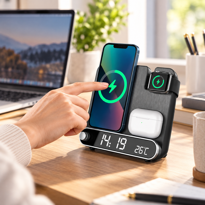 3 in 1 Wireless Charger Alarm Clock Fast Charging Station Phone