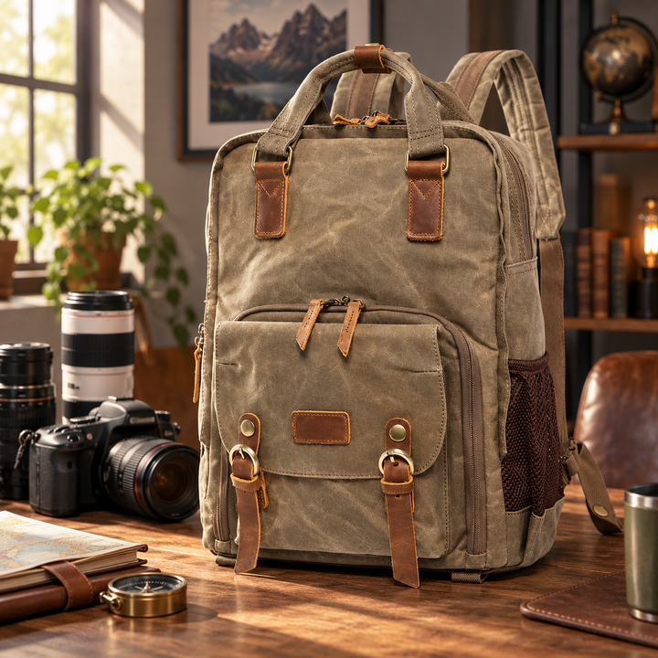 Waterproof Waxed Canvas Camera Backpack with Padded Insert for DSLR