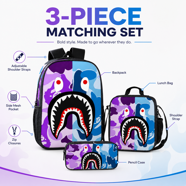 Boys Shark Camo 3-Piece School Backpack Set with Lunch Bag &amp; Pencil Case