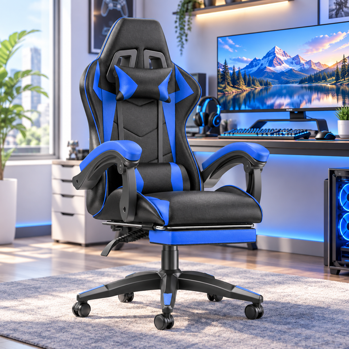 Ergonomic Gaming Chair with Footrest Lumbar Cushion Recliner