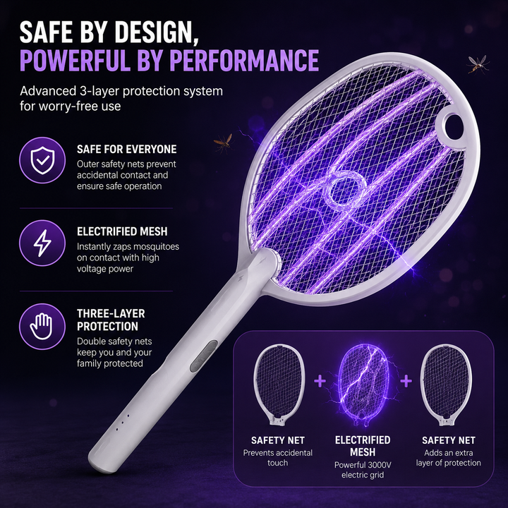 Electric Mosquito Swatter Racket 3000V Type-C Mosquito Killer Lamp