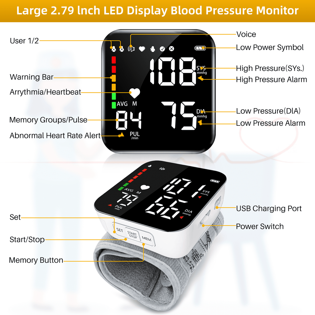 Automatic Wrist Blood Pressure Monitor with Adjustable Cuff Large LCD Display