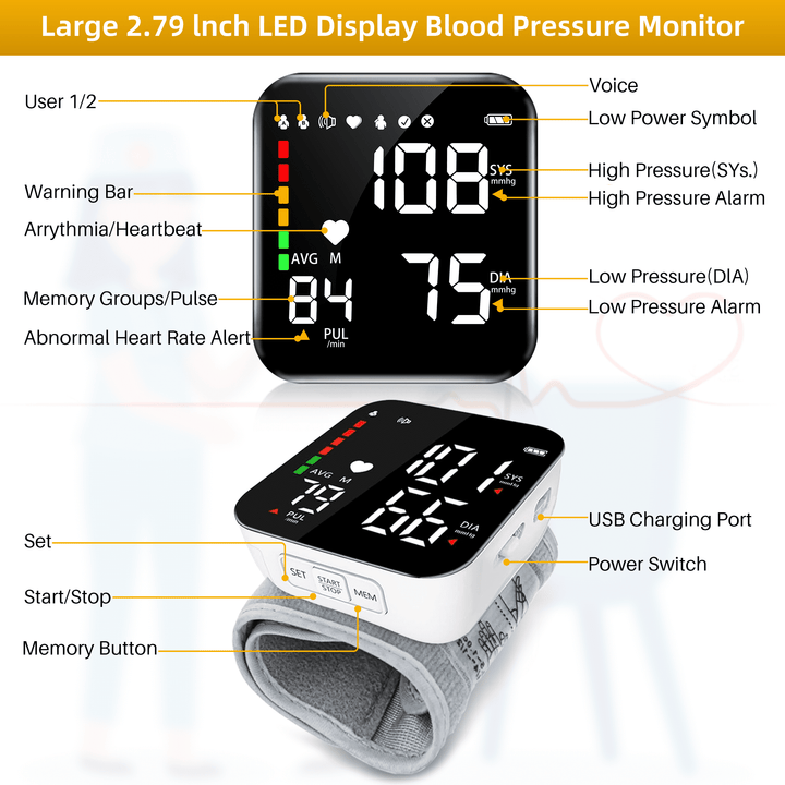 Automatic Wrist Blood Pressure Monitor with Adjustable Cuff Large LCD Display