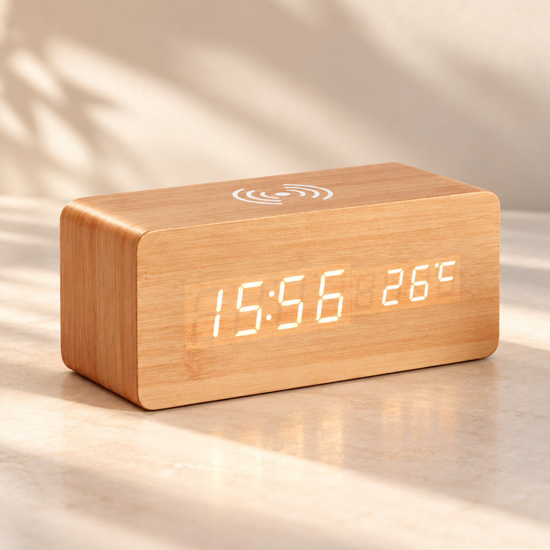Wooden Digital Alarm Clock LED Wireless Charger Thermometer