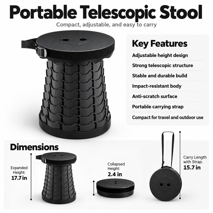 Ultra Compact Foldable Stool Lightweight Adjustable Camping Seat