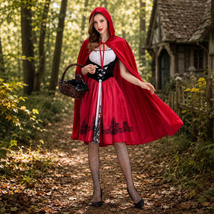 Womens Little Red Riding Hood Costume Hooded Cape Dress