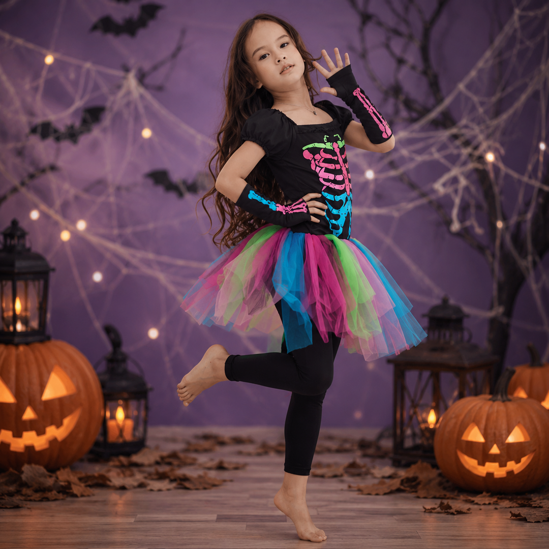 Kids Rainbow Skeleton Costume Halloween Boys Girls