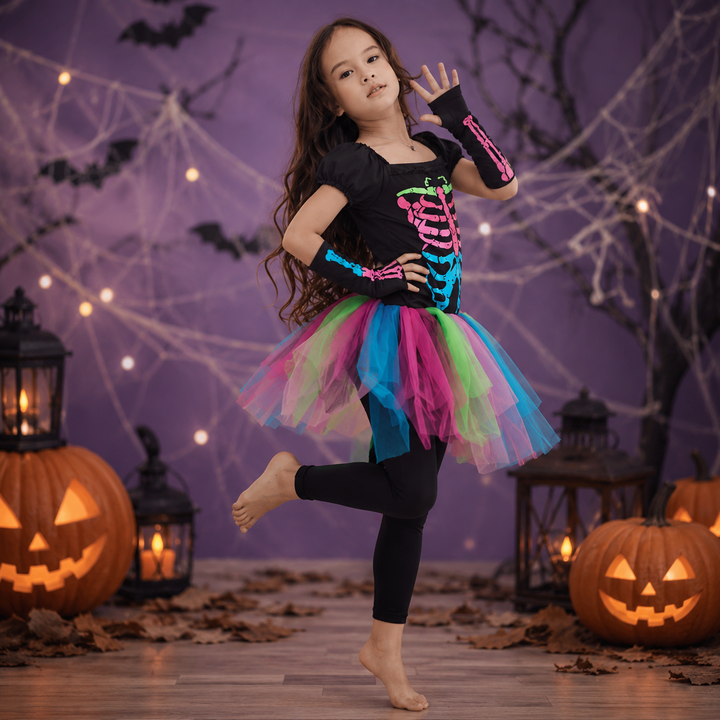 Kids Rainbow Skeleton Costume Halloween Boys Girls