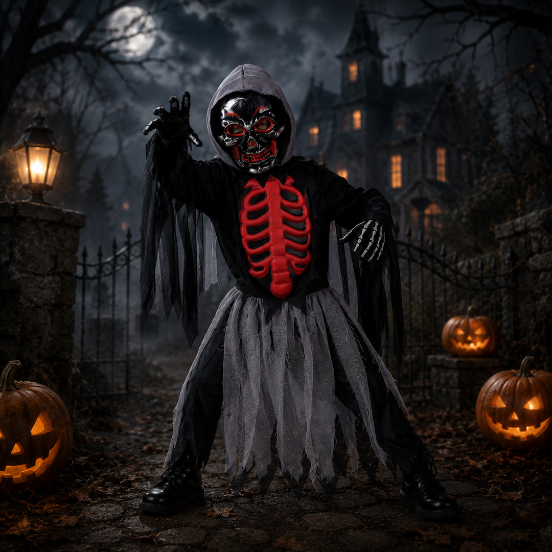 Kids Grim Reaper Skull Cape Costume Halloween Boys Girls