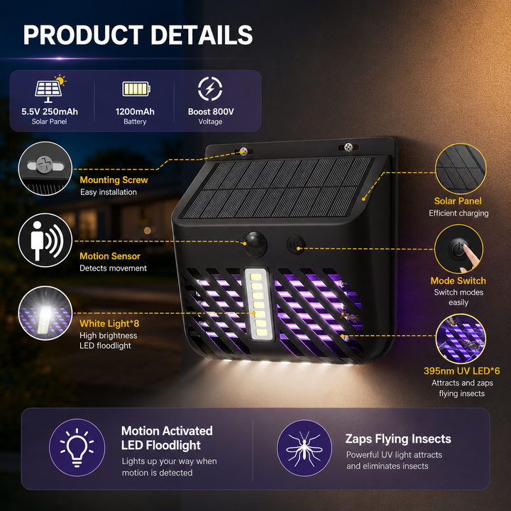 Solar Bug Zapper LED Light Outdoor Mosquito Killer Fly Trap