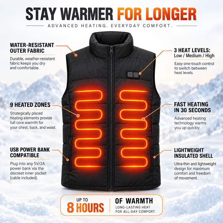 Mens Heated Gilet Ultra Thin Vest 9 Zones USB Rechargeable Warmer