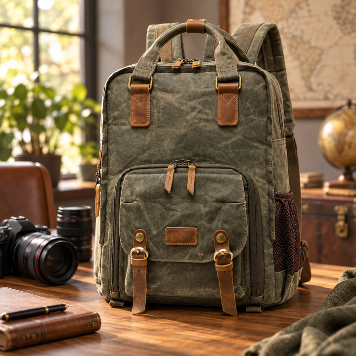 Waterproof Waxed Canvas Camera Backpack with Padded Insert for DSLR