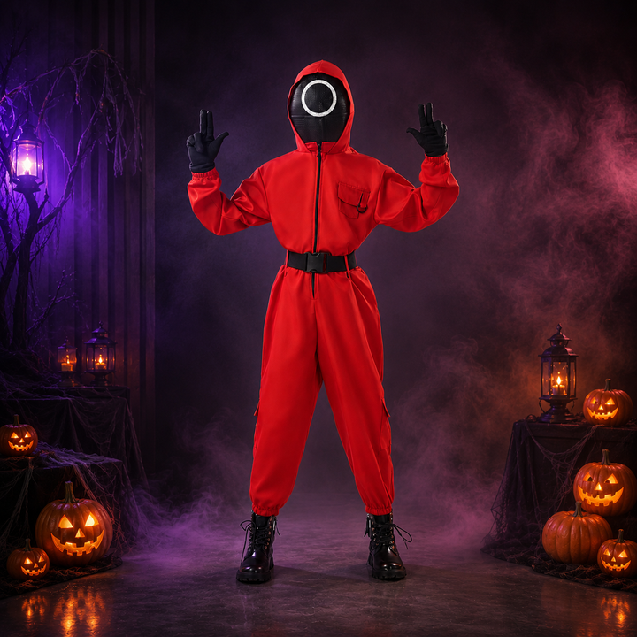Kids Red Jumpsuit Heist Costume with Mask Halloween Cosplay