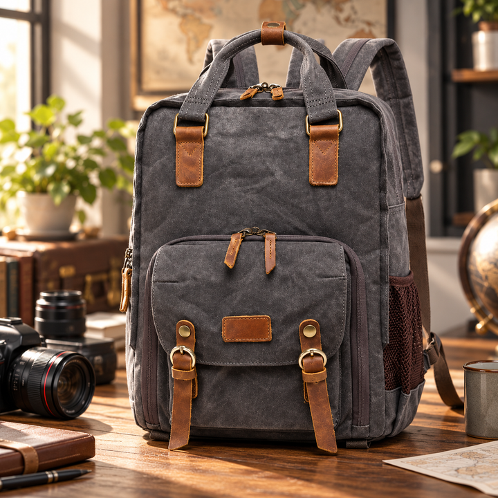 Waterproof Waxed Canvas Camera Backpack with Padded Insert for DSLR