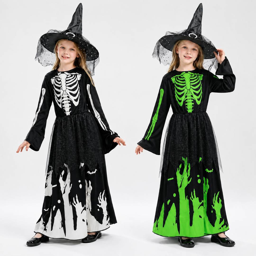Kids Glow in the Dark Witch Skeleton Dress Costume
