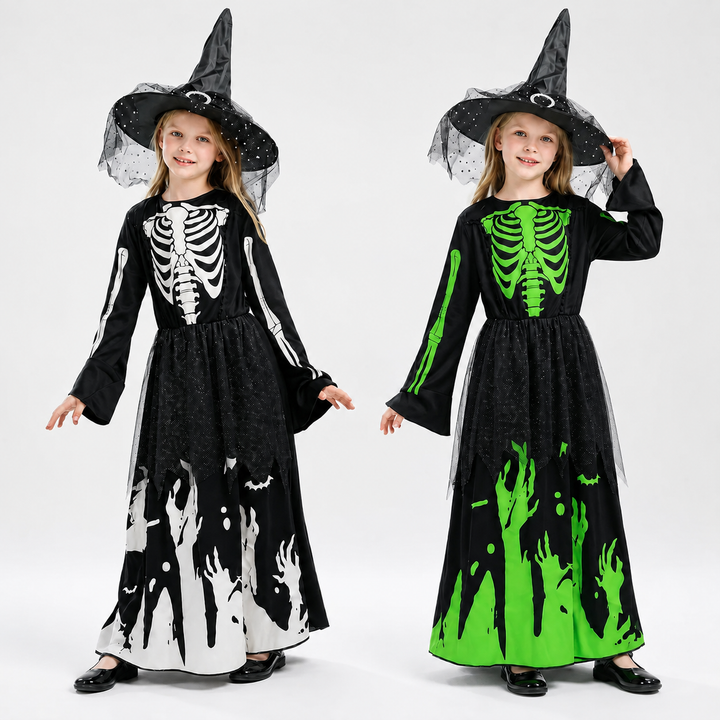 Kids Glow in the Dark Witch Skeleton Dress Costume