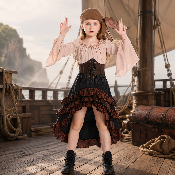 Girls Pirate Costume Ruffle Skirt Halloween Dress Up