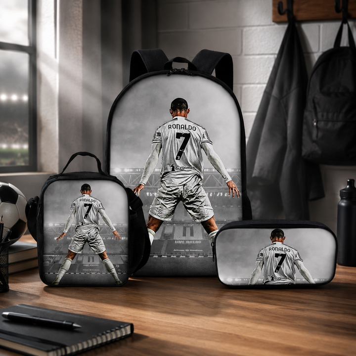 Football Player School Backpack 3Pcs Set Kids Boys Girls 3D Cartoon Gift