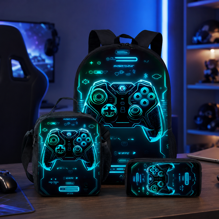 Game Console School Backpack 3Pcs Set Kids Boys Girls 2D Cartoon Gift