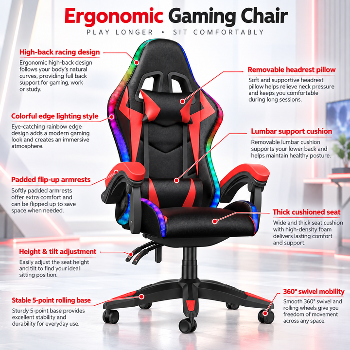 RGB Gaming Chair with LED Lights Reclining Ergonomic Computer Chair