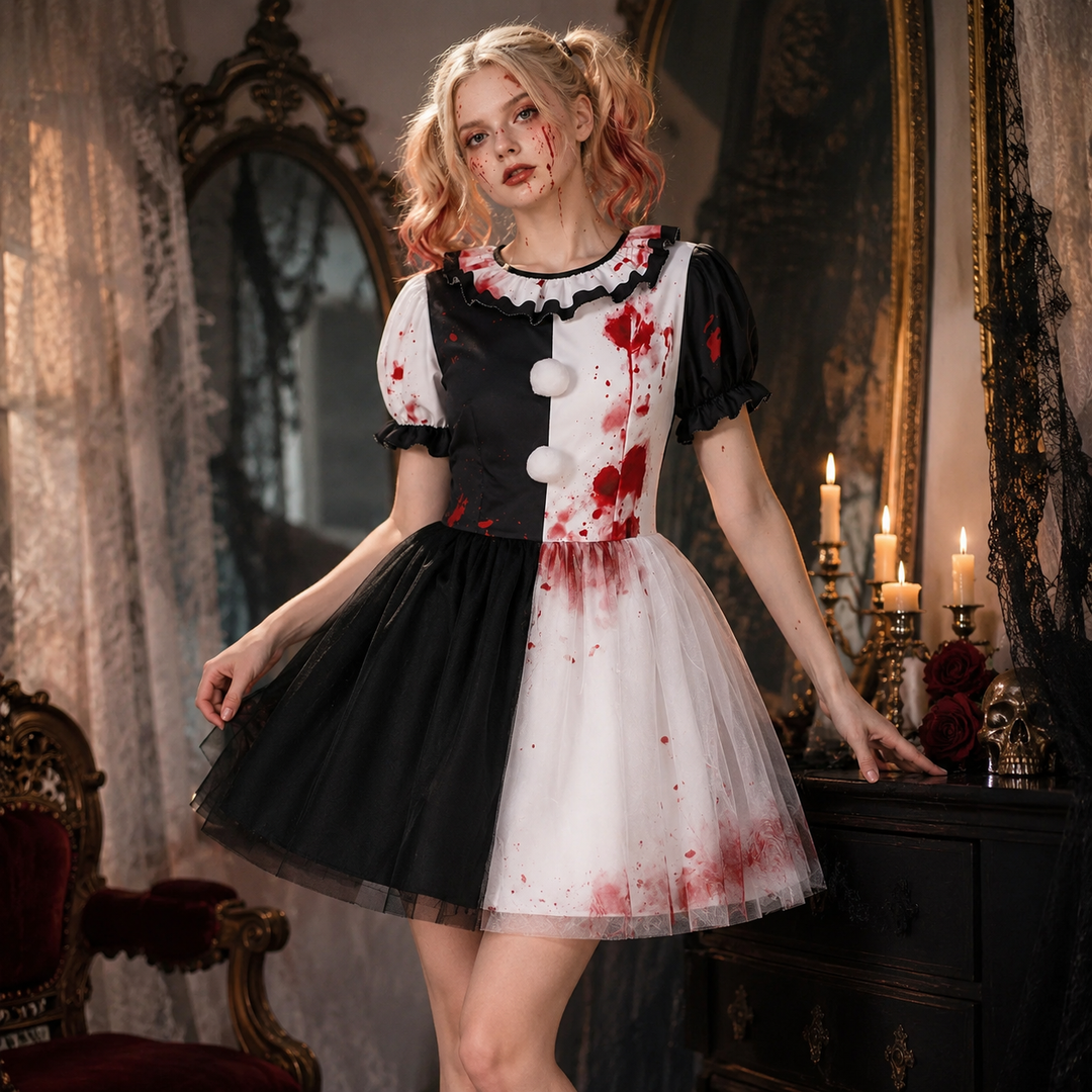 Womens Bloodstained Harlequin Clown Dress Costume Halloween
