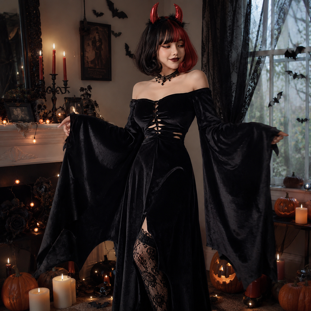 Womens Gothic Witch Long Dress Costume Vampire Halloween