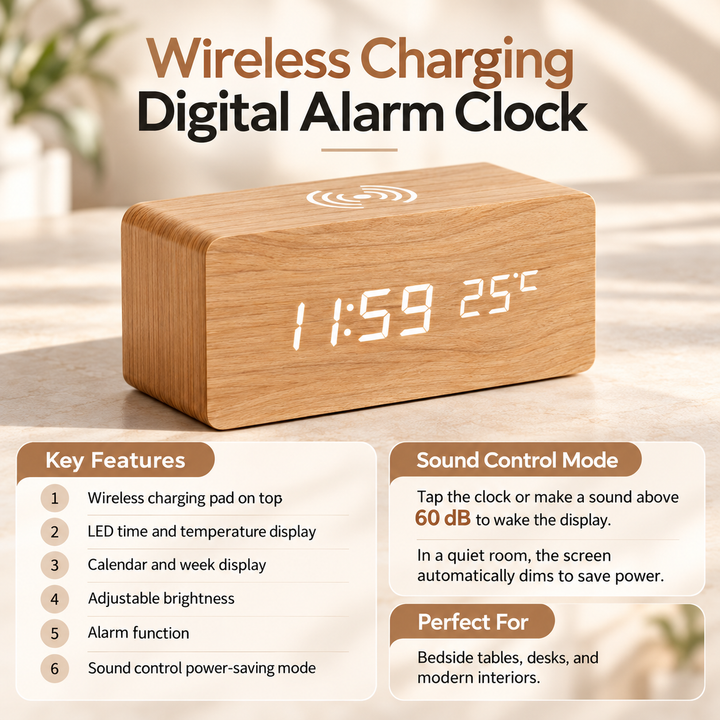 Wooden Digital Alarm Clock LED Wireless Charger Thermometer