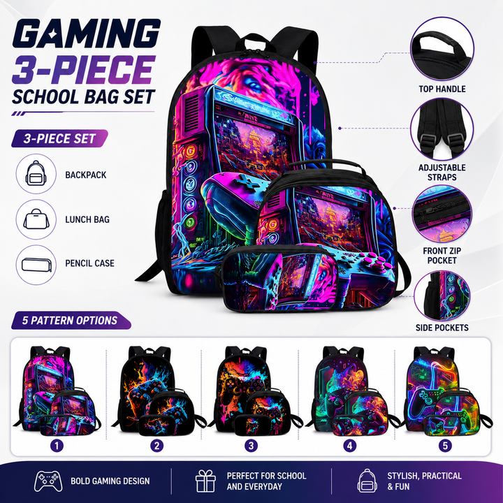 Gamer Unisex 3-Piece School Backpack Set with Crossbody Bag &amp; Pencil Case