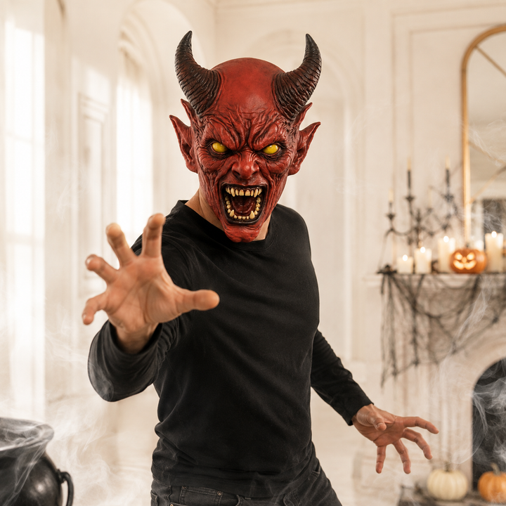 Red Horned Demon Full Head Latex Mask Halloween Scary