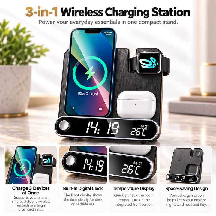 3 in 1 Wireless Charging Station Alarm Clock Dock for Apple