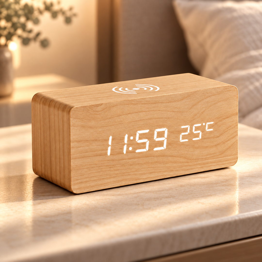 Wooden Digital Alarm Clock LED Wireless Charger Thermometer