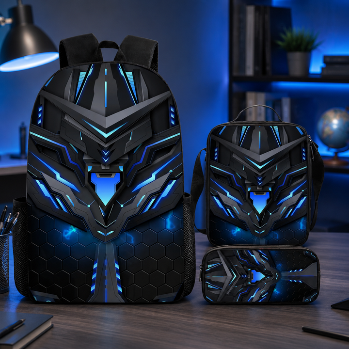 Mechanical Style 3D Print School Backpack 3Pcs Set Student Laptop Crossbody