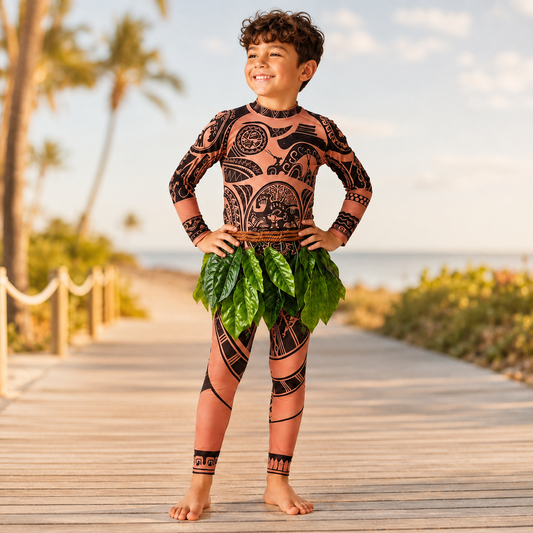 Maui Costume with Tattoo Print and Leaf Skirt Halloween