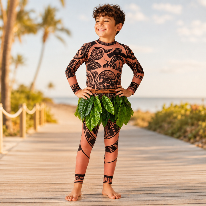 Maui Costume with Tattoo Print and Leaf Skirt Halloween