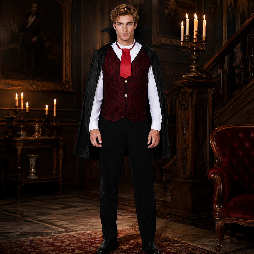 Mens Vampire Cape Costume with Vest and Collar Halloween