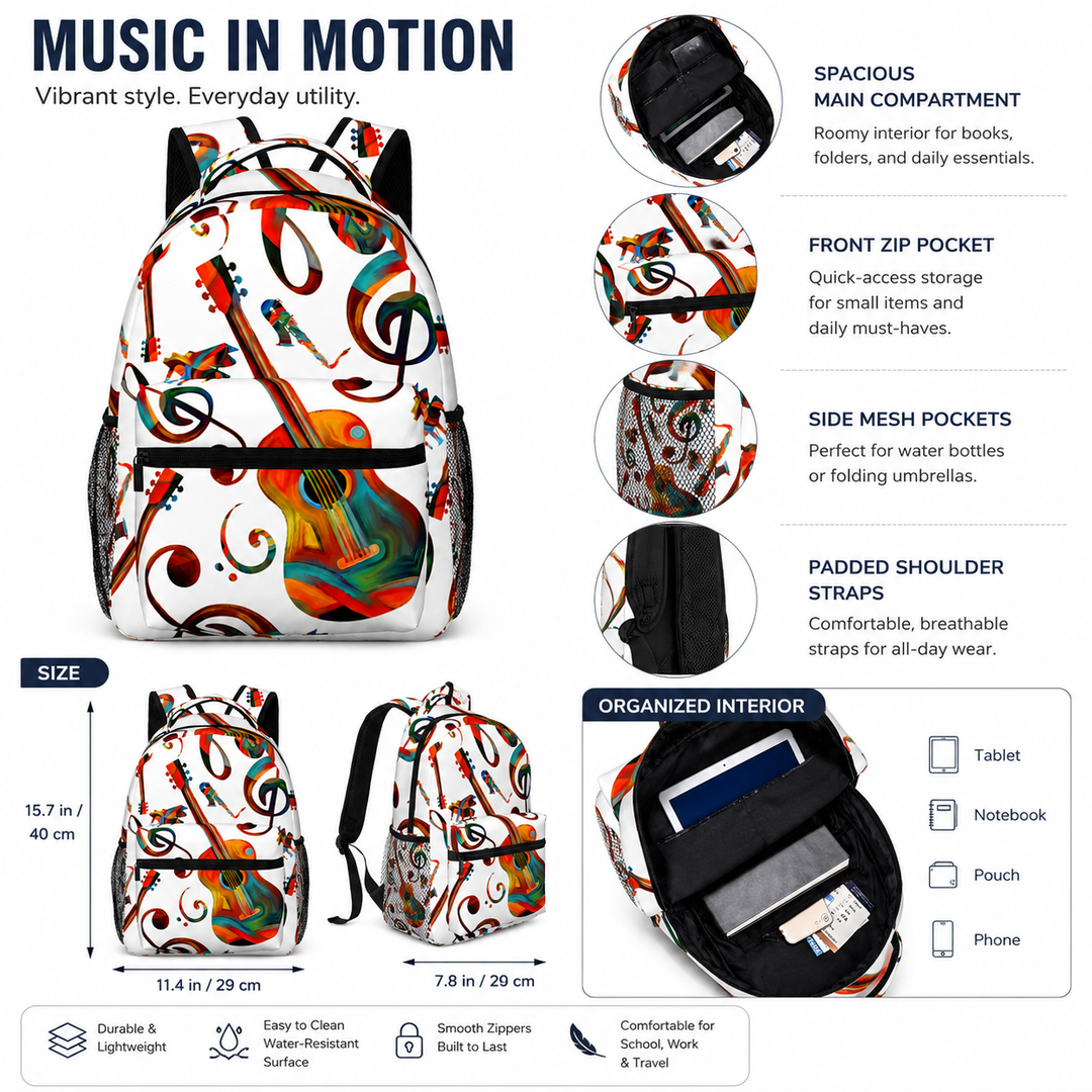 Unisex Guitar Print Lightweight School Laptop Backpack