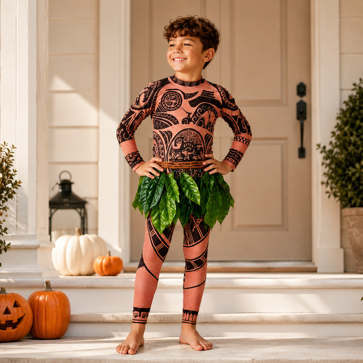 Maui Costume with Tattoo Print and Leaf Skirt Halloween