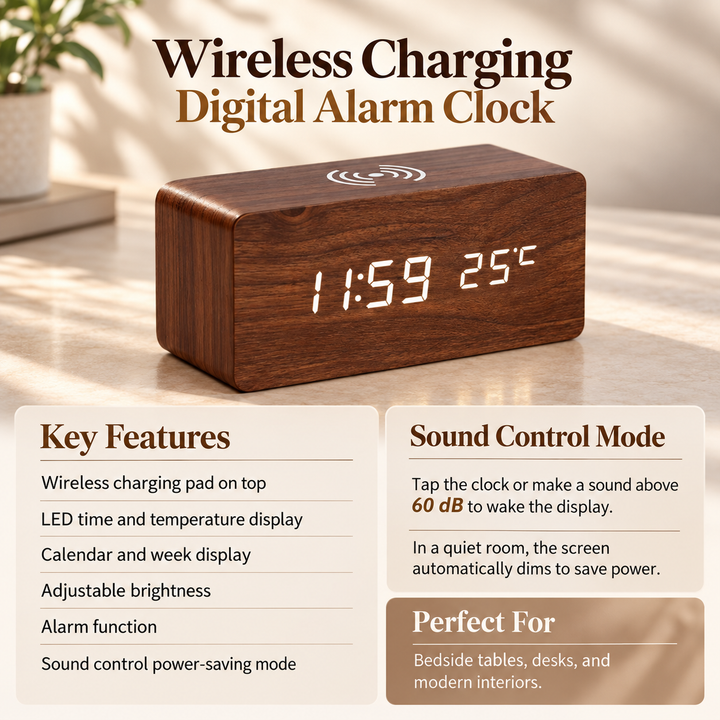 Wooden Digital Alarm Clock LED Wireless Charger Thermometer