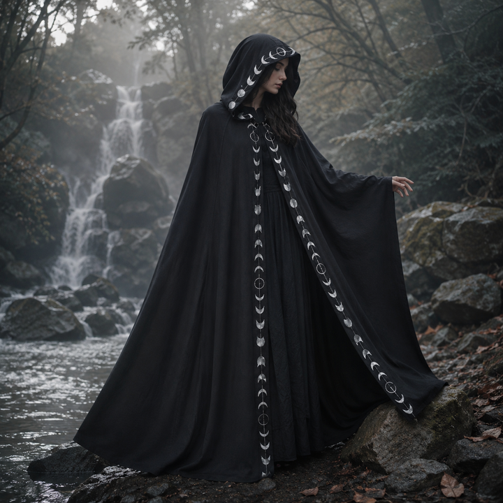 Womens Moon Phase Velvet Hooded Cloak Witch Costume