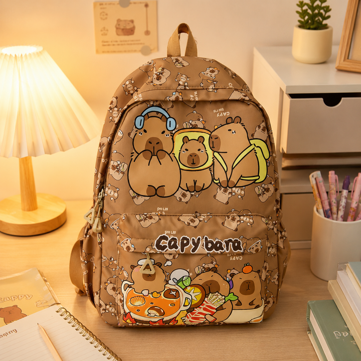 Kawaii Capybara School Backpack Large Capacity Nylon College Student Girls Cartoon