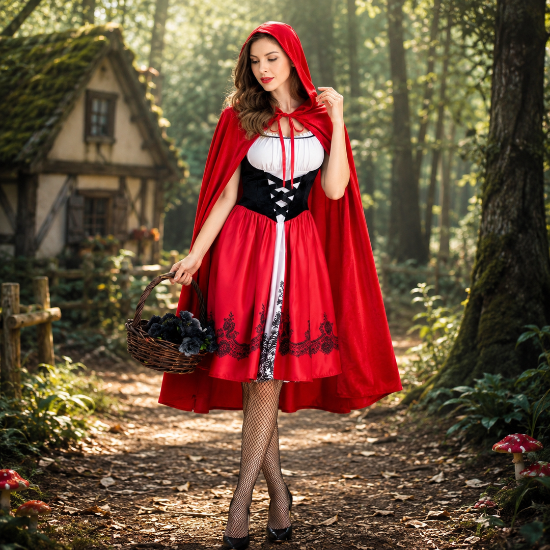 Womens Little Red Riding Hood Costume Hooded Cape Dress