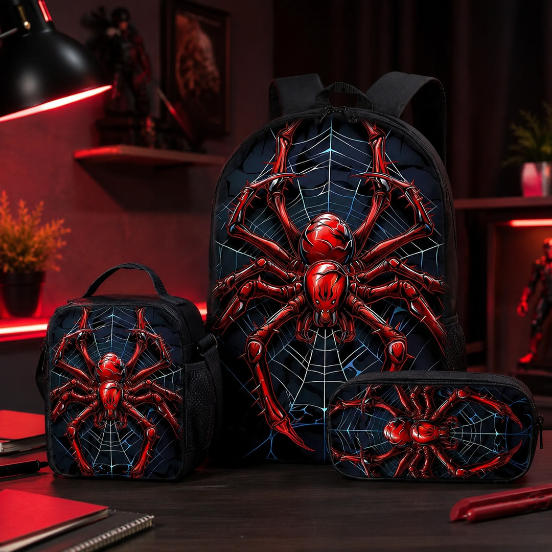 Spider 3D Print School Backpack 3Pcs Set Student Laptop Daypack Crossbody