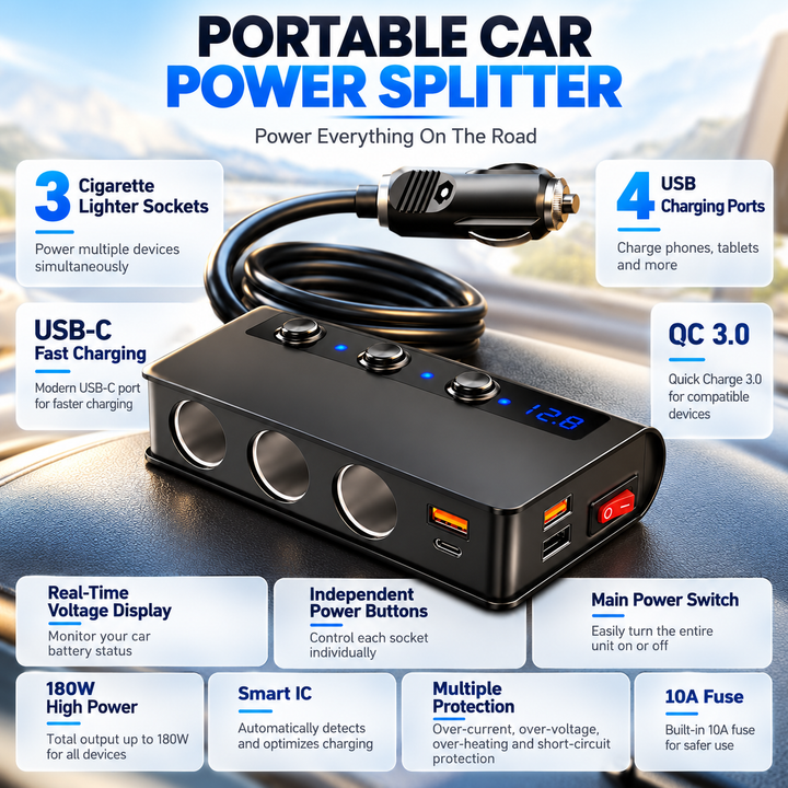 4 Port Car Charger Adapter Cigarette Lighter Socket Splitter USB